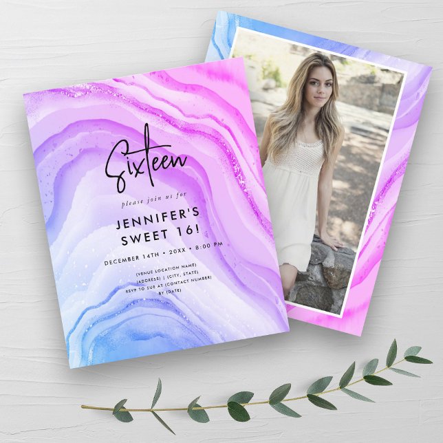 Budget Mermaid Ombre Marble Photo Sweet 16 Invite (Budget Mermaid Ombre Marble Photo Sweet 16 Invite)