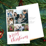 Budget Merry Christmas 6 photo red typography card<br><div class="desc">Rustic modern red handwritten calligraphy Merry Christmas script with six family multi photo collage simple minimal white budget affordable holiday card template with your custom personalised text on both sides. PLEASE READ THE PRODUCT DESCRIPTION ON THE LEFT BEFORE PURCHASING! ENVELOPES ARE OPTIONAL. Double-check all the information and spelling of your...</div>