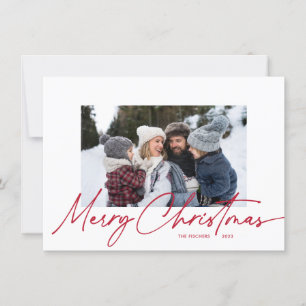 Budget Merry Christmas Calligraphy Simple 3 Photo Holiday Card