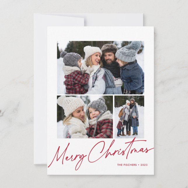 Budget Merry Christmas Calligraphy Simple 4 Photo Holiday Card (Front)