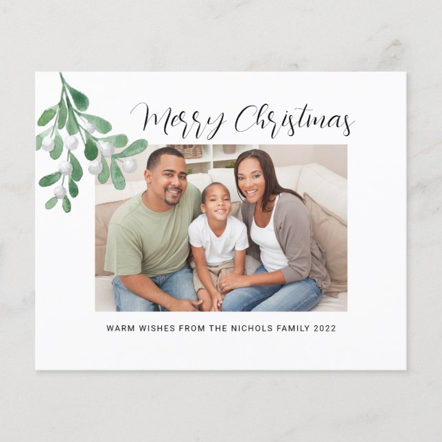 Budget Merry Christmas Greenery Photo Holiday Card (Front)
