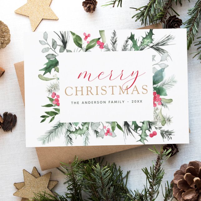 Budget Merry Christmas Greenery Red Holiday Card (Creator Uploaded)