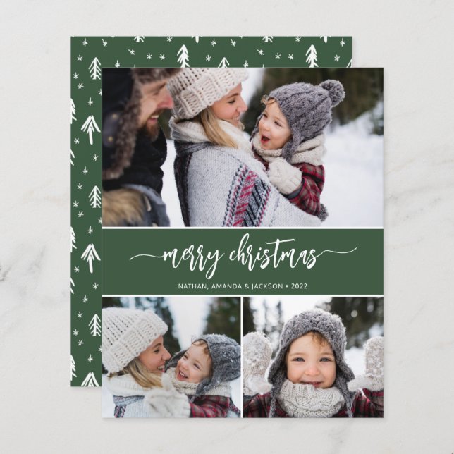 Budget Merry Christmas Modern Three Photos Card (Front/Back)