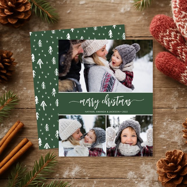 Budget Merry Christmas Modern Three Photos Card (Creator Uploaded)