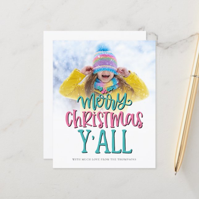 Budget Merry Christmas Y'All Photo Script Card (Front/Back In Situ)