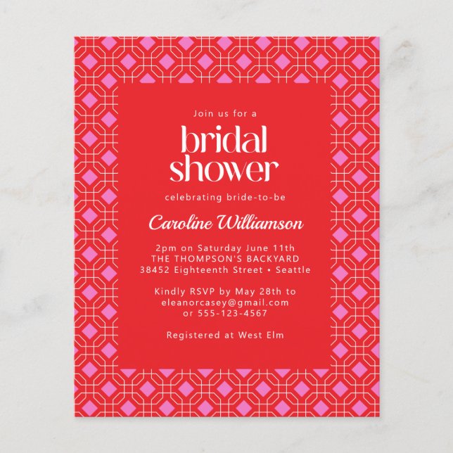 Budget Mid Modern Red Pink Geometric Bridal Shower (Front)