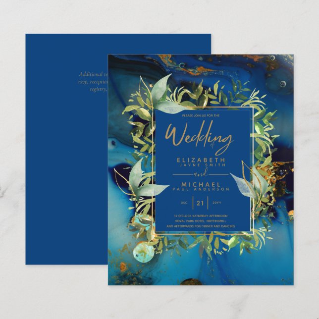 BUDGET Midnight Blue Gold Greenery Wedding Invites (Front/Back)