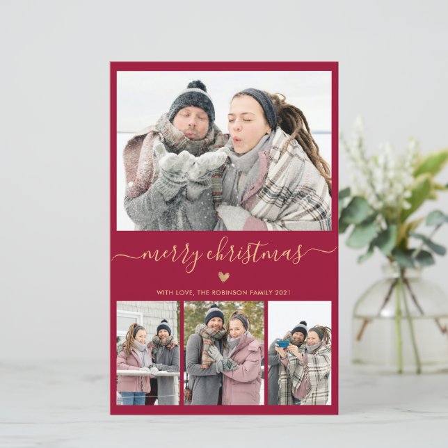 Budget Minimal Bordo Gold 4 Photo Christmas Card (Standing Front)