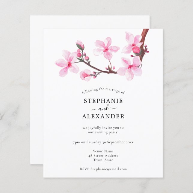 Budget Minimal Cherry Blossom Evening Party Invite (Front/Back)