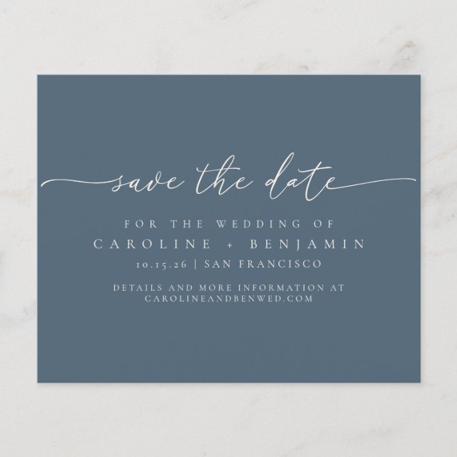 Budget Minimal Dark Blue Script Wedding Save Date (Front)