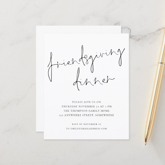 Budget Minimal Friendsgiving Dinner White Invite (Front/Back In Situ)