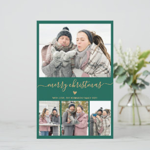 Budget Minimal Green Gold 4 Photo Christmas Card