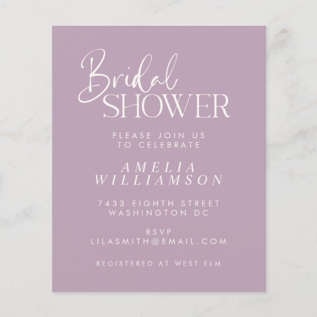 Budget Minimal Lilac Script Bridal Shower Invite (Front)