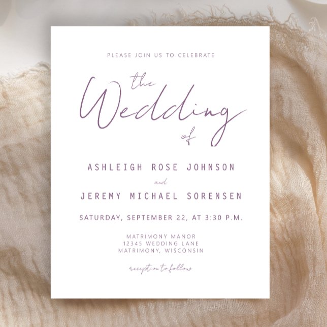 Budget Minimal Mauve Script Wedding Invitation (Creator Uploaded)