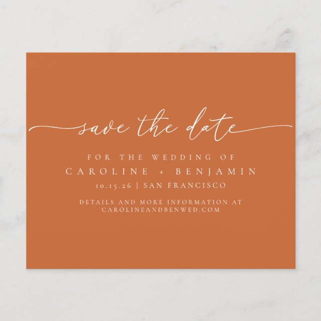 Budget Minimal Orange Script Wedding Save Date (Front)