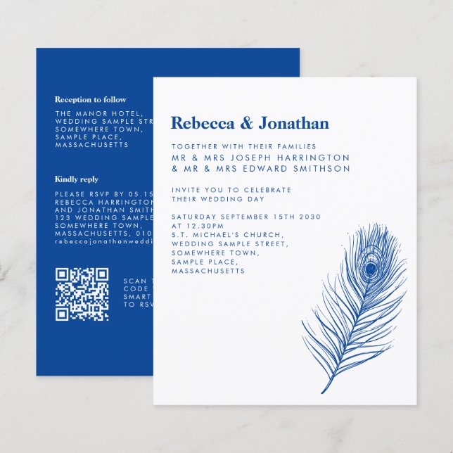 Budget Minimal Peacock Feather Blue Wedding Invite (Front/Back)