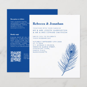 Budget Minimal Peacock Feather Blue Wedding Invite