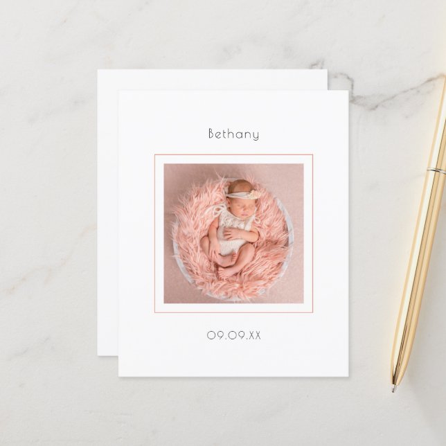 Budget Minimal Photo Baby Girl Birth Announcement (Front/Back In Situ)