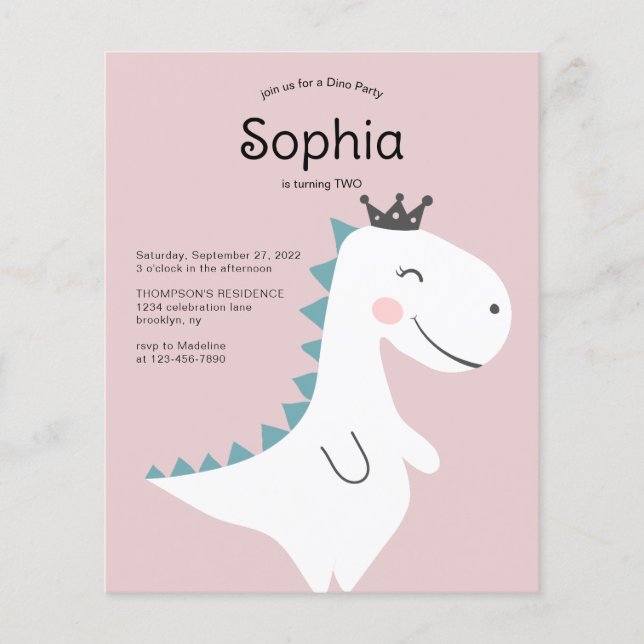 BUDGET Minimal Pink Girl Dinosaur Birthday Party (Front)