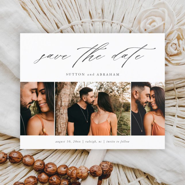 Budget Minimal Script 3 Photo Save The Date  (Elegant script 3 photo wedding save the date cards.)