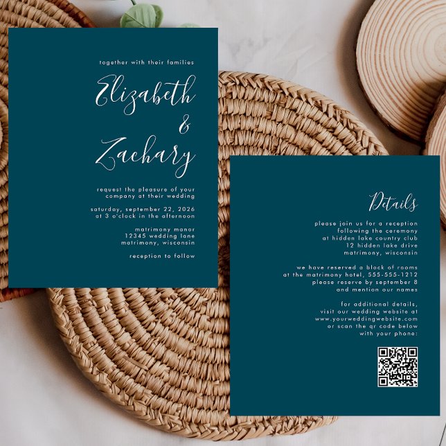Budget Minimal Teal Blue QR Code Wedding Invite (Creator Uploaded)