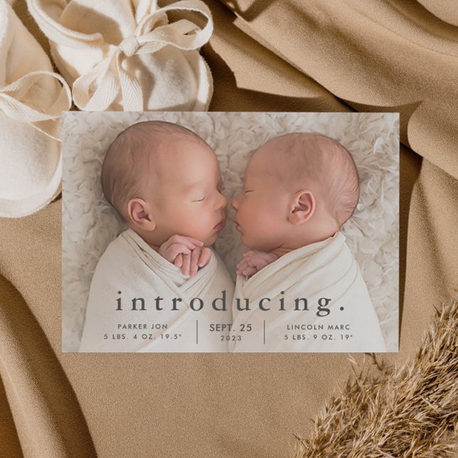 Budget Minimal Twin Photo Birth Announcement (Simple typography twins baby birth announcement.)