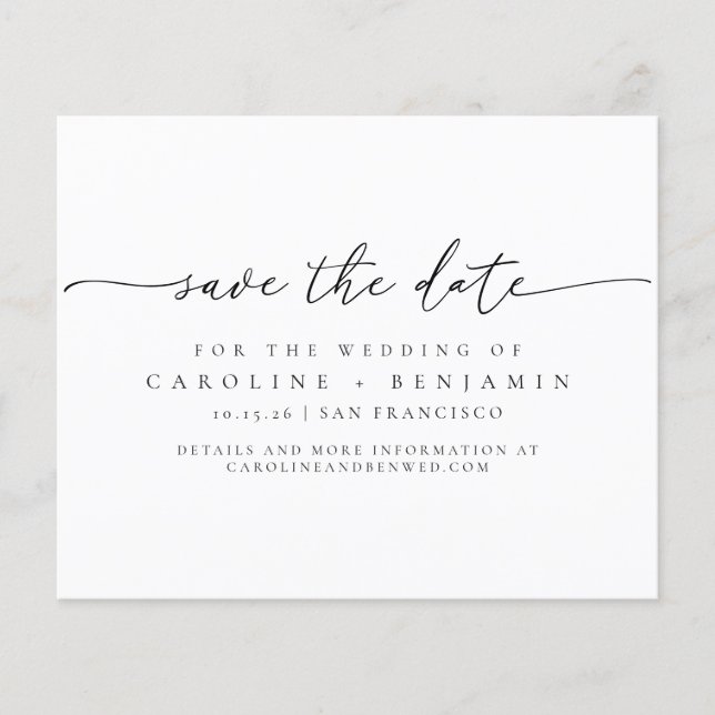 Budget Minimalist Black Script Wedding Save Date (Front)