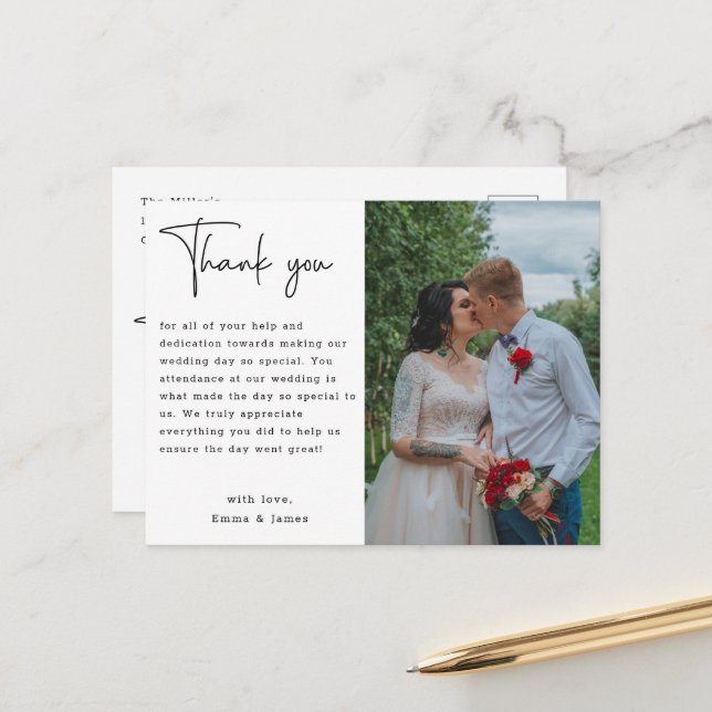 Budget Minimalist Custom Photo Wedding Thank You Postcard (Front/Back In Situ)