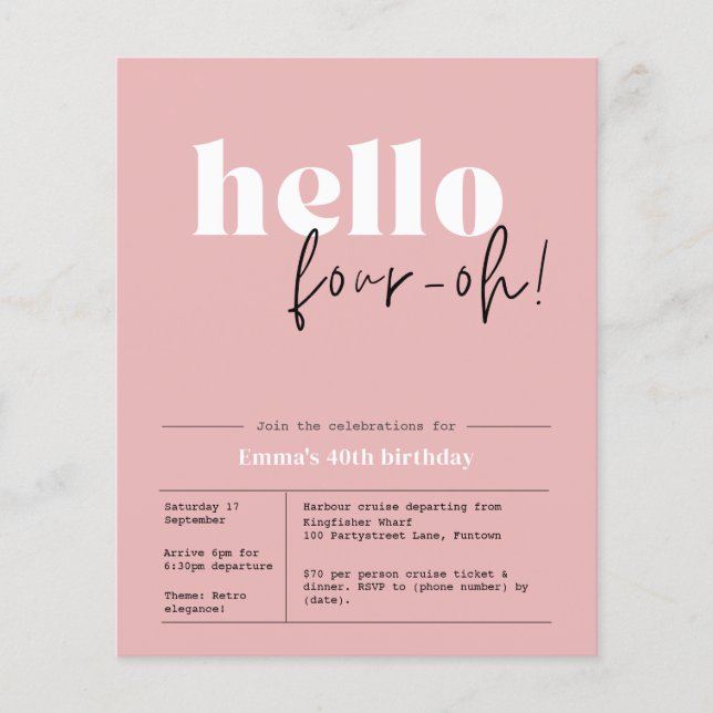 Budget minimalist dusty pink 40th Invitation Flyer (Front)