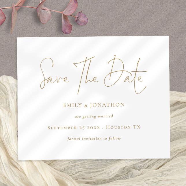 Budget Minimalist Gold Script Save The Date (Elegant script Save the date. Budget price smaller 4.5 x 5.6" Part of a matching wedding collection)