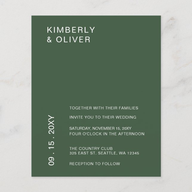 Budget Minimalist Green Wedding Invitation (Front)