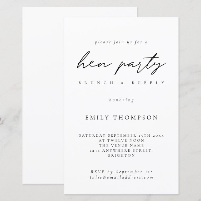 Budget Minimalist Hen Party Brunch Bubbly Invite (Front/Back)