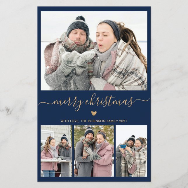 Budget Minimalist Navy Gold 4 Photo Christmas Card (Front)