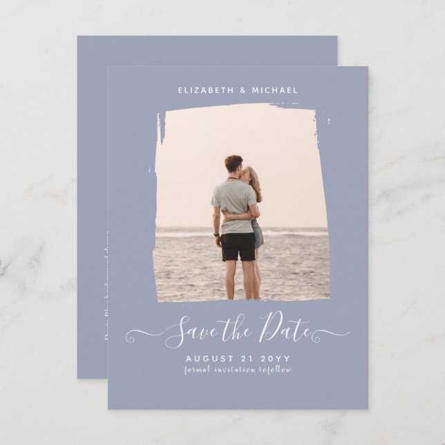 BUDGET Minimalist PHOTO Save The Date Dusty Blue Postcard (Front/Back)