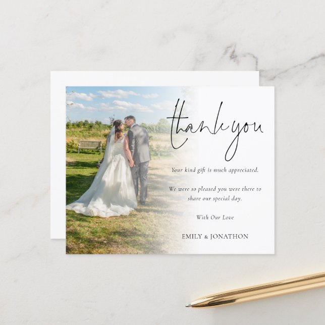 Budget Minimalist Photo Script Wedding Thank You (Front/Back In Situ)