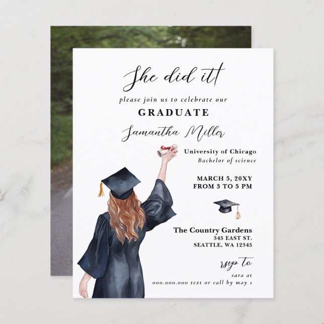 Budget Minimalist Photo She Did It Graduation (Front/Back)