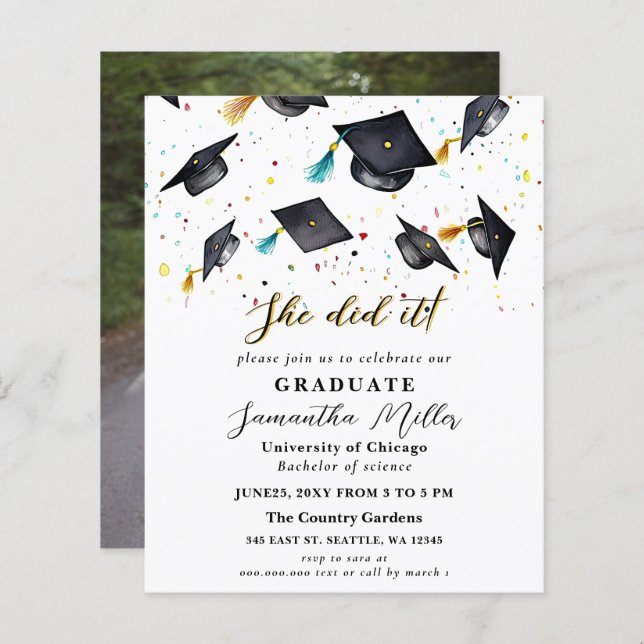 Budget Minimalist Photo She Did It Graduation (Front/Back)