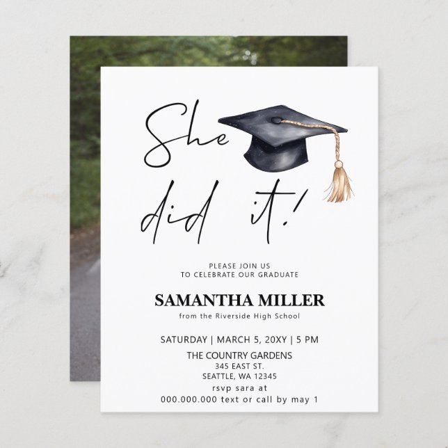Budget Minimalist Photo She Did It Graduation   (Front/Back)