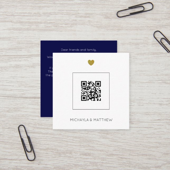 Budget Minimalist QR Code Navy  Wedding Blue Square Business Card (Front/Back In Situ)