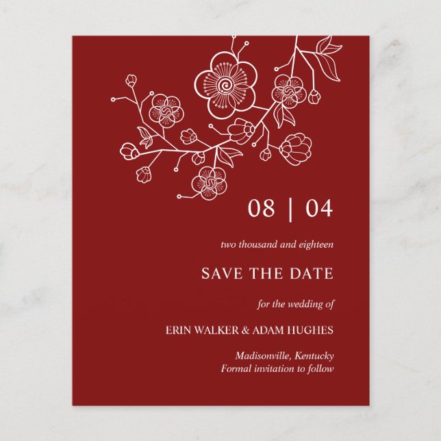 Budget Minimalist Red Cherry Blossom Save The Date (Front)