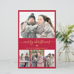 Budget Minimalist Red Gold 4 Photo Christmas Card