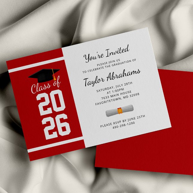 Budget Minimalist Red White Graduation Invitation (Graduation 2024 Red White Script Party Invitation)