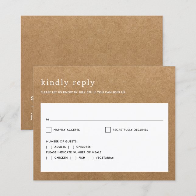 Budget Minimalist Rustic Faux Kraft Wedding RSVP (Front/Back)