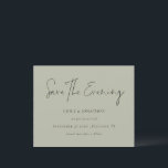 Budget Minimalist Script Pale Sage Save Evening<br><div class="desc">A value for money BUDGET alternative on a smaller size 4.5 x 5.6” semi-gloss 110lbs weight, which is of similar thickness to a postcard (however is not suitable to use as a postcard.). PLEASE NOTE there is ONE per sheet. Budget Minimalist Script Pale Sage Green Save The Evening. Simple elegance...</div>