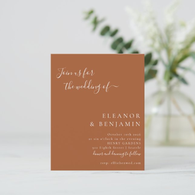 Budget Minimalist Script Terracotta Wedding Invite (Standing Front)