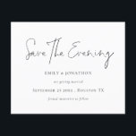 Budget Minimalist Script White Save The Evening<br><div class="desc">A value for money BUDGET alternative on a smaller size 4.5 x 5.6” semi-gloss 110lbs weight, which is of similar thickness to a postcard (however is not suitable to use as a postcard.). PLEASE NOTE there is ONE invite per sheet. Budget Minimalist Script Any Colour Save The Evening Date. Simple...</div>