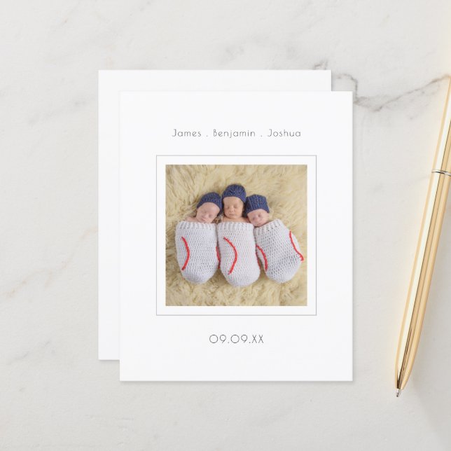 Budget Minimalist Triplet Photo Birth Announcement (Front/Back In Situ)