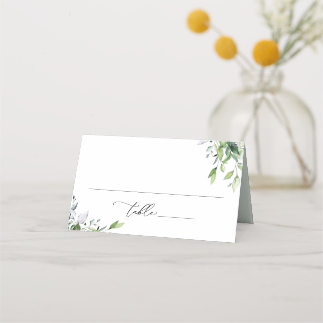 Budget Minimalist Watercolor Greenery Folded Place Card (Front)