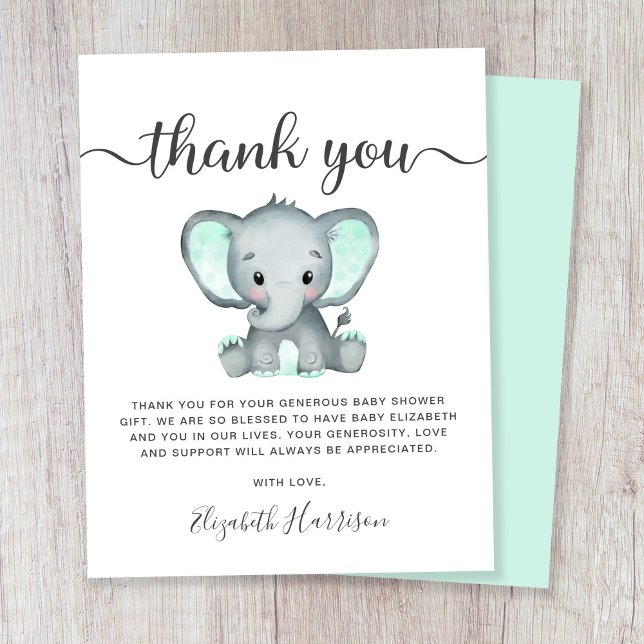 Budget Mint Elephant Baby Shower Thank You Card (Creator Uploaded)