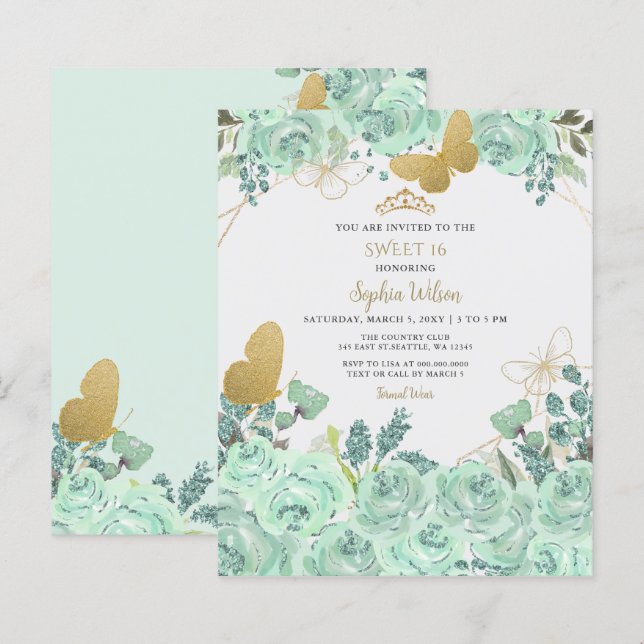 Budget Mint Gold Floral Butterfly Sweet 16 Invite (Front/Back)